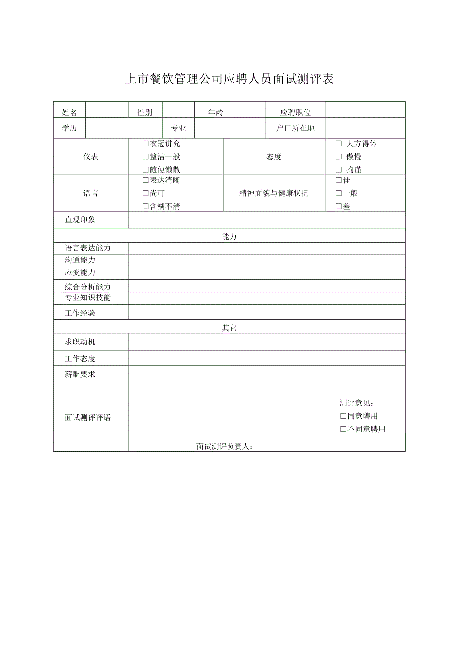 上市餐饮管理公司应聘人员面试测评表.docx_第1页