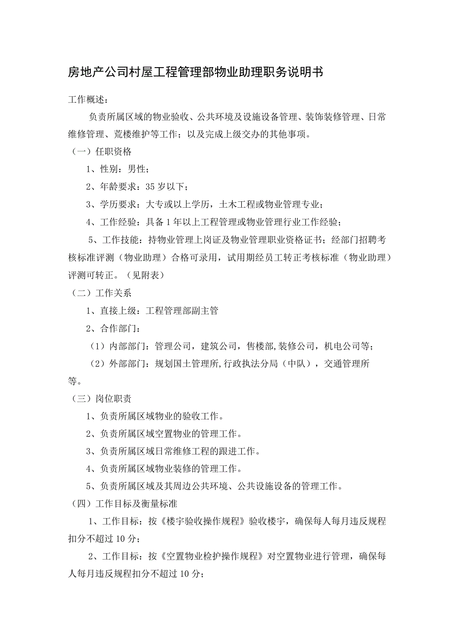 房地产公司村屋工程管理部物业助理职务说明书.docx_第1页