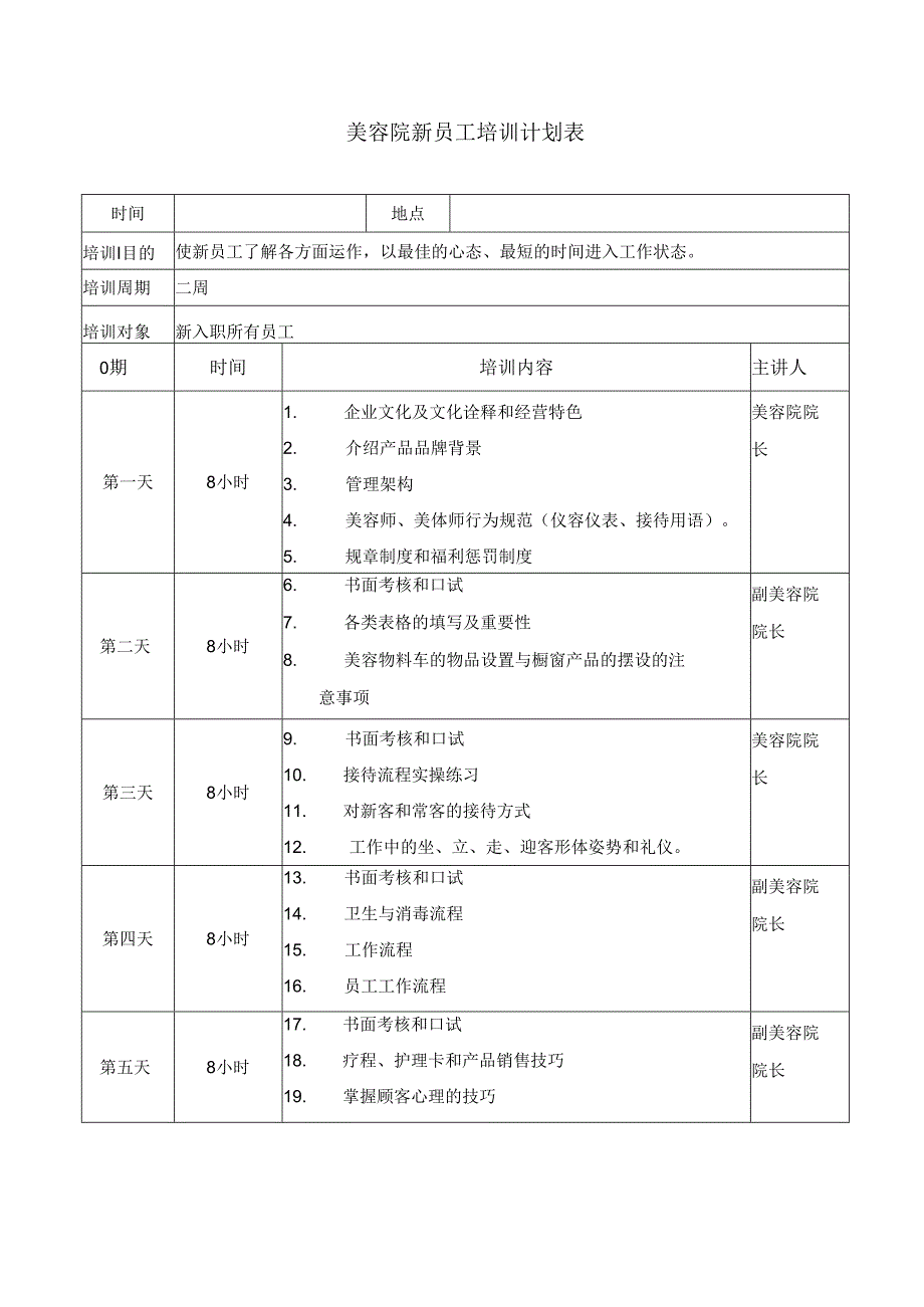 美容院新员工培训计划表.docx_第1页