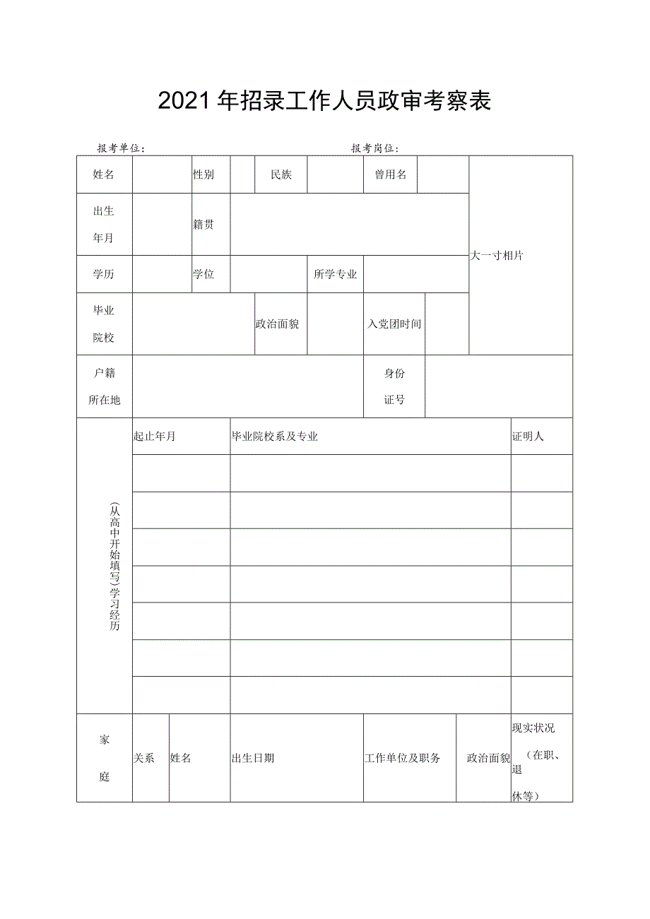 2021年招录工作人员政审考察表.docx_第1页