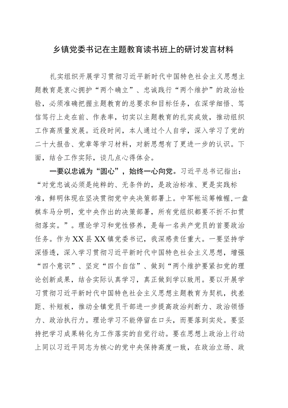 乡镇街道党委书记在主题教育读书班上的研讨发言材料.docx_第1页