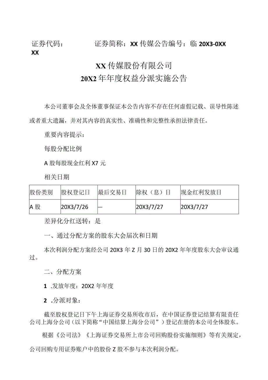 XX传媒股份有限公司20X2年年度权益分派实施公告.docx_第1页