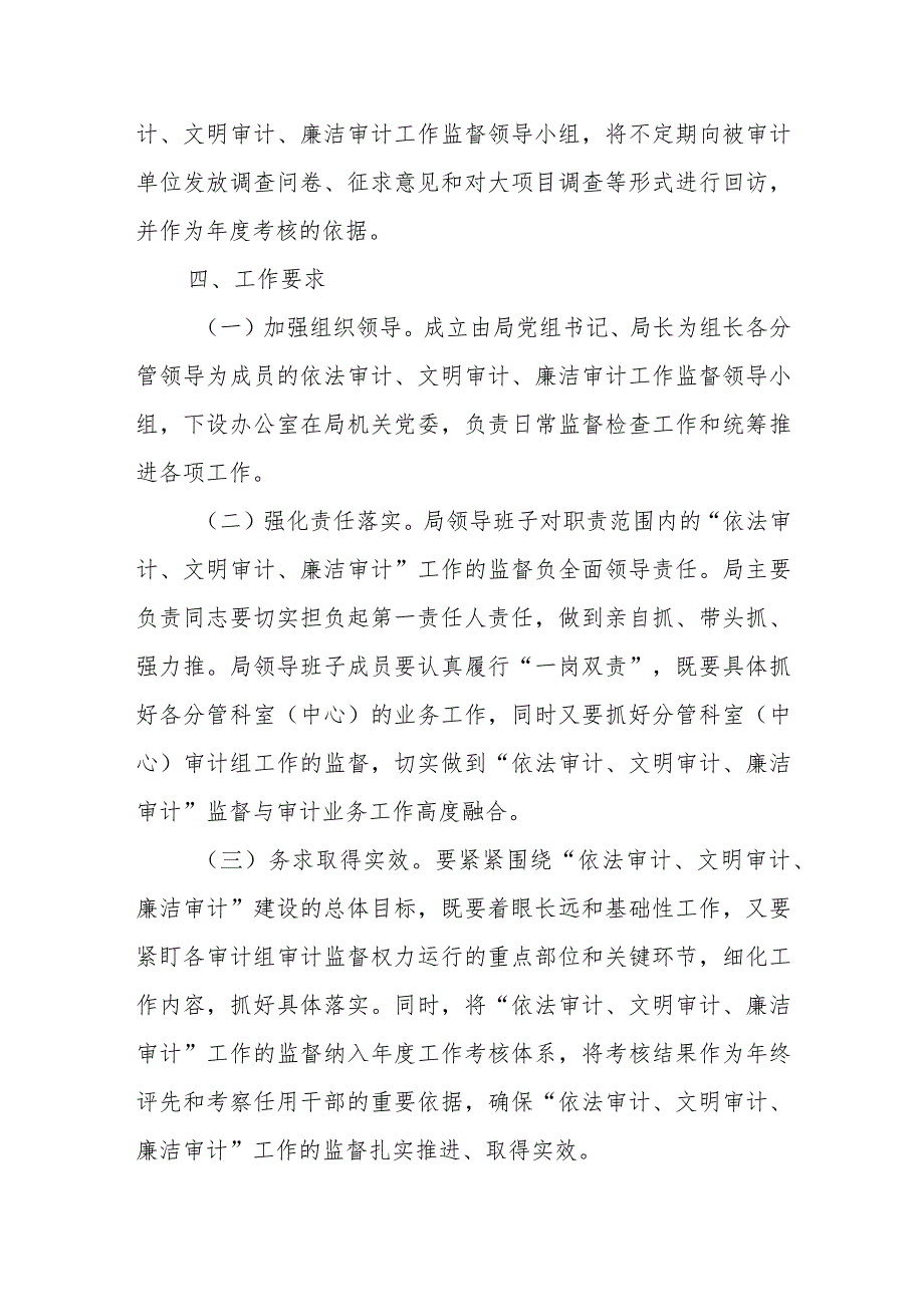 关于开展依法审计、文明审计、廉洁审计工作监督的实施方案.docx_第3页