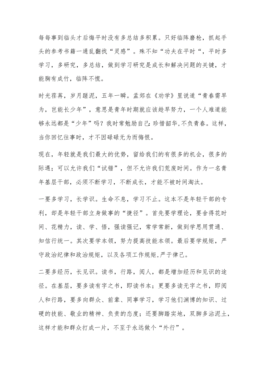 2022基层年轻干部座谈会发言材料 基层年轻干部座谈会发言稿范文6篇.docx_第3页