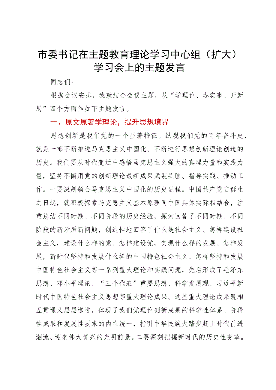 市委书记在主题教育理论学习中心组（扩大）学习会上的主题发言.docx_第1页