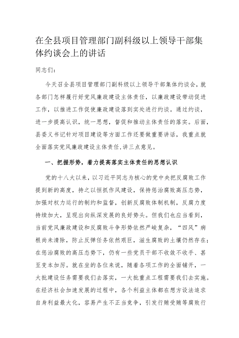 在全县项目管理部门副科级以上领导干部集体约谈会上的讲话.docx_第1页