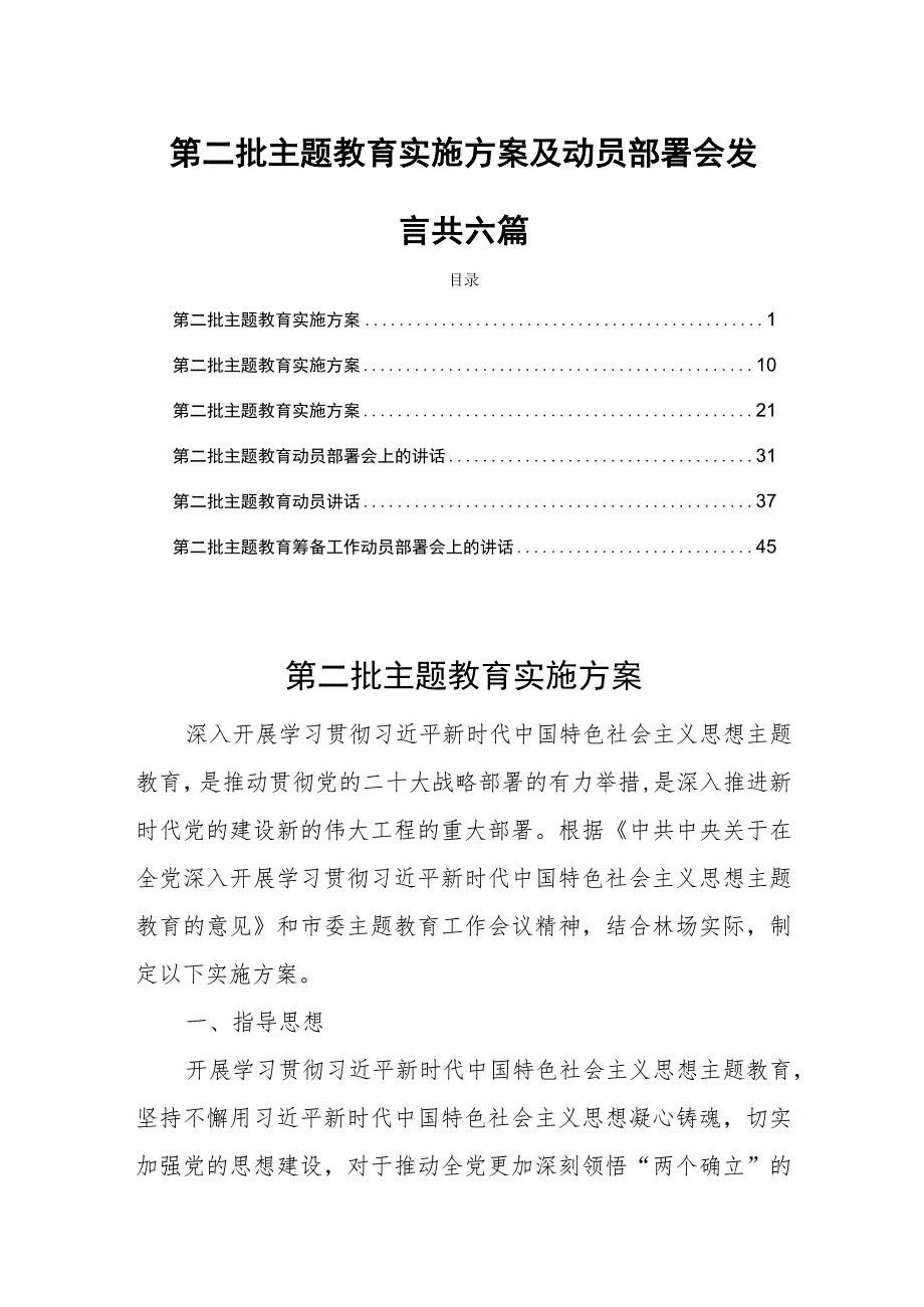 2023第二批主题教育实施方案及动员部署会发言词共六篇.docx_第1页