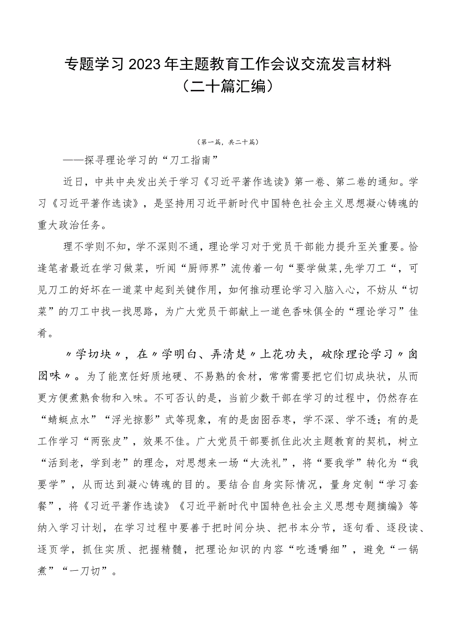 专题学习2023年主题教育工作会议交流发言材料（二十篇汇编）.docx_第1页