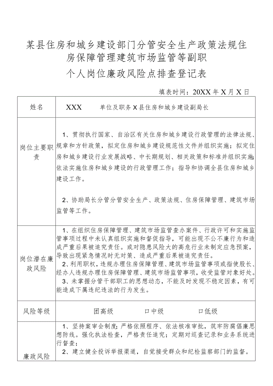 某县住房和城乡建设部门分管安全生产政策法规住房保障管理建筑市场监管等副职个人岗位廉政风险点排查登记表.docx_第1页