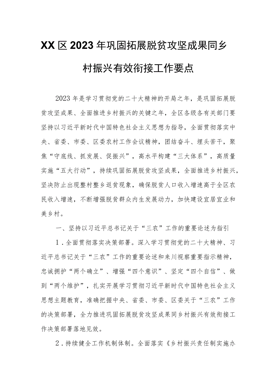 XX区2023年巩固拓展脱贫攻坚成果同乡村振兴有效衔接工作要点.docx_第1页