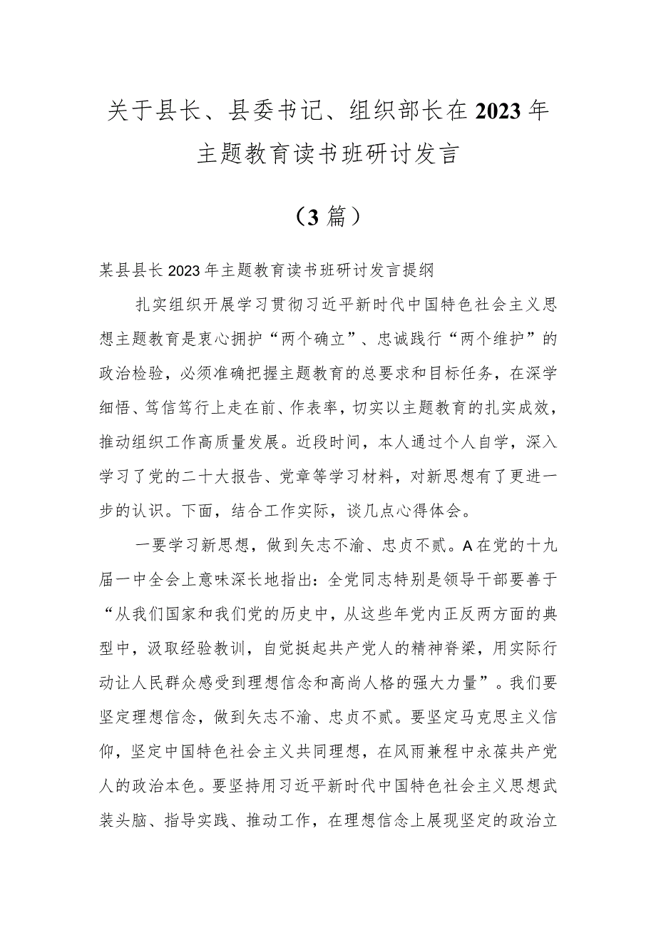 关于县长、县委书记、组织部长在2023年主题教育读书班研讨发言（3篇）.docx_第1页