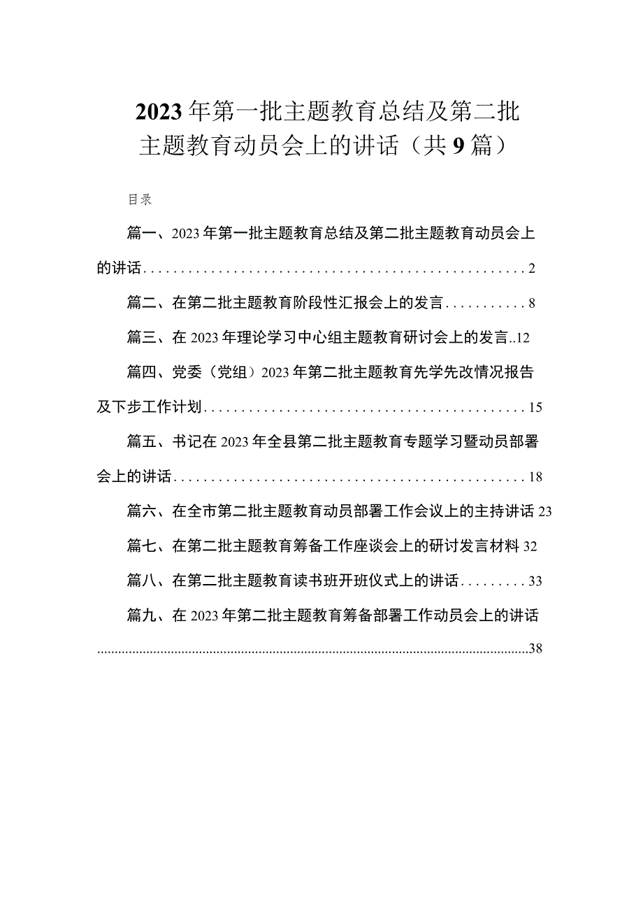 2023年第一批主题教育总结及第二批主题教育动员会上的讲话（共9篇）.docx_第1页