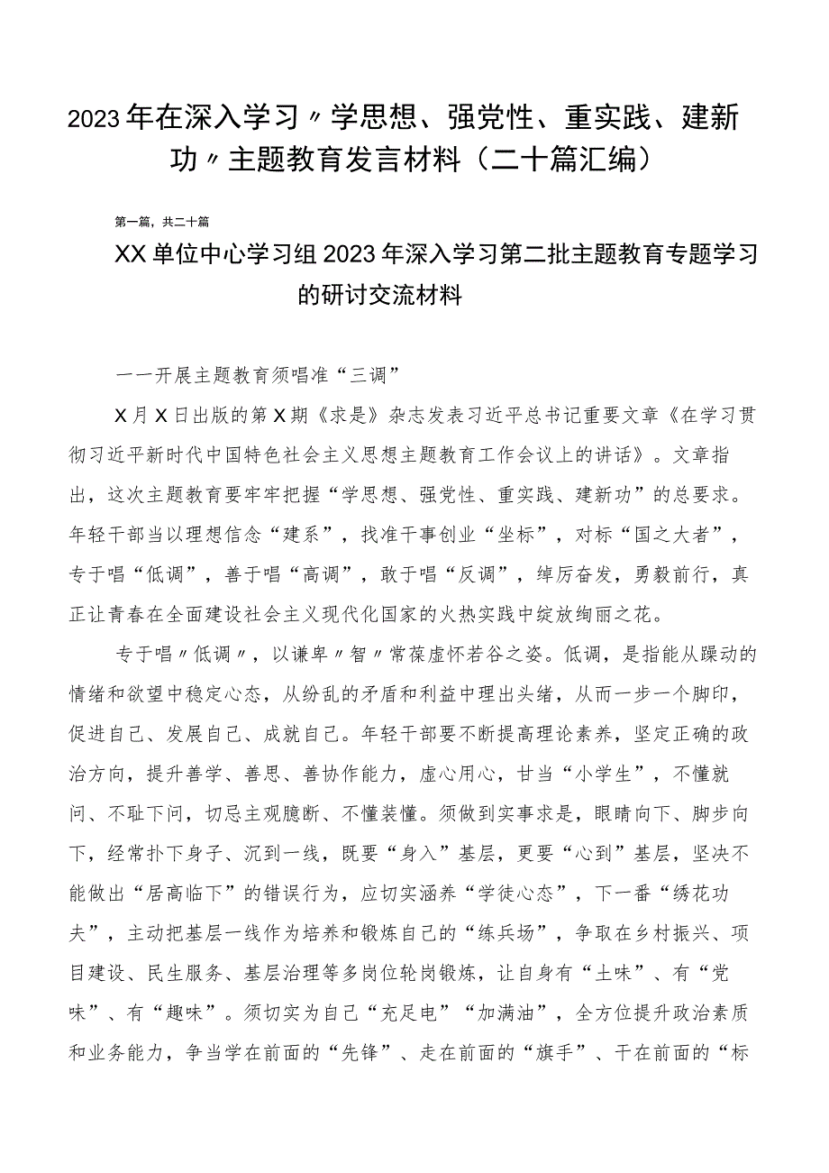 2023年在深入学习“学思想、强党性、重实践、建新功”主题教育发言材料（二十篇汇编）.docx_第1页