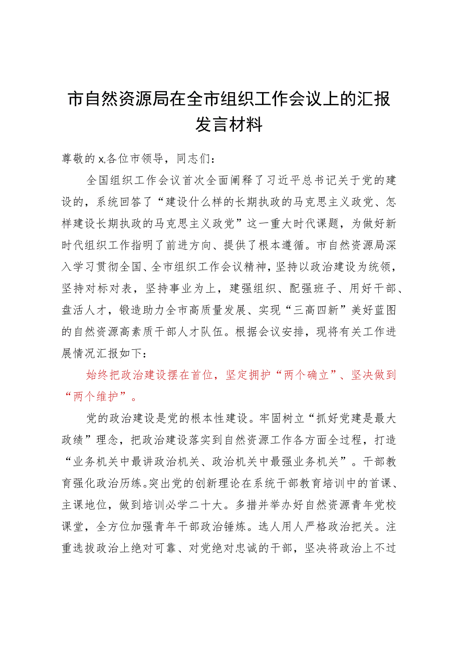 市自然资源局在全市组织工作会议上的汇报发言材料 .docx_第1页