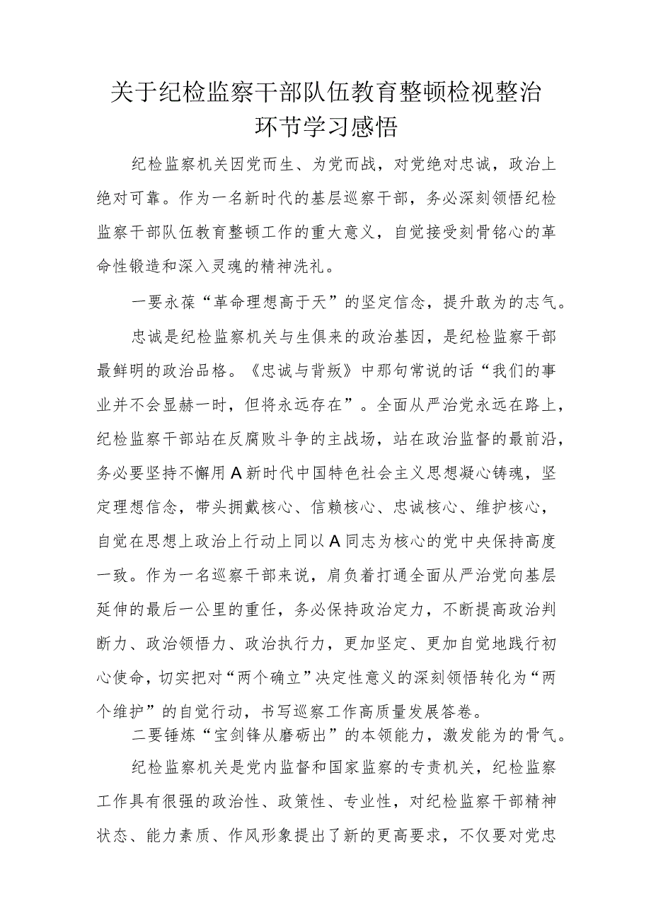 关于纪检监察干部队伍教育整顿检视整治环节学习感悟.docx_第1页