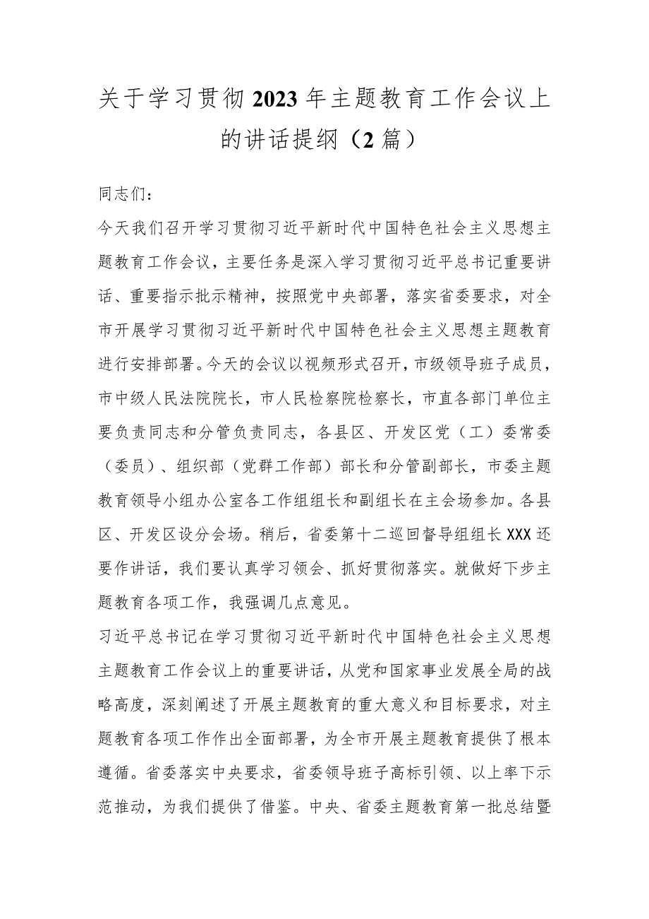 关于学习贯彻2023年主题教育工作会议上的讲话提纲（2篇）.docx_第1页