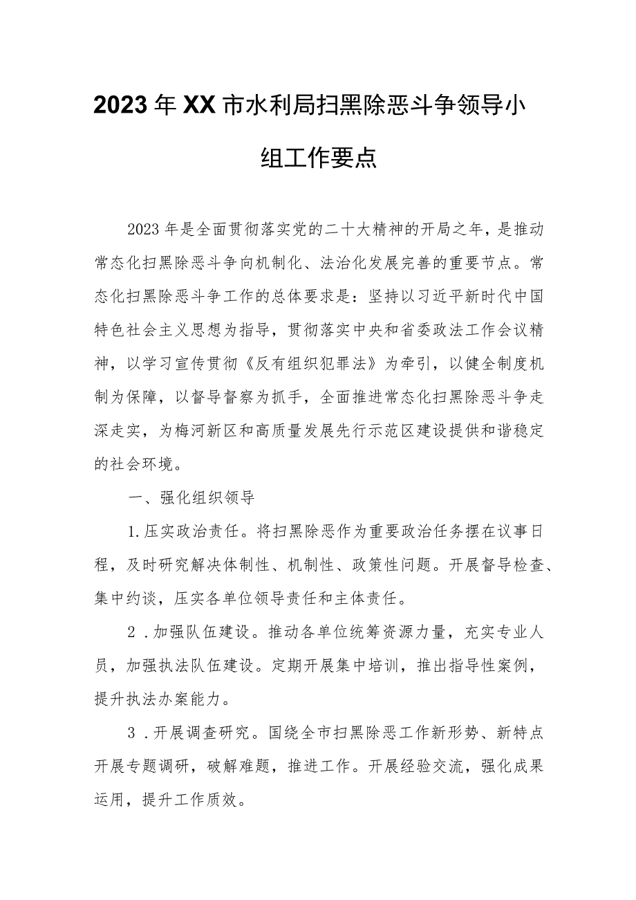 2023年XX市水利局扫黑除恶斗争领导小组工作要点.docx_第1页