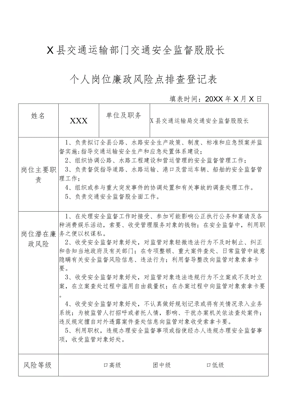 某县交通运输部门交通安全监督股股长个人岗位廉政风险点排查登记表.docx_第1页