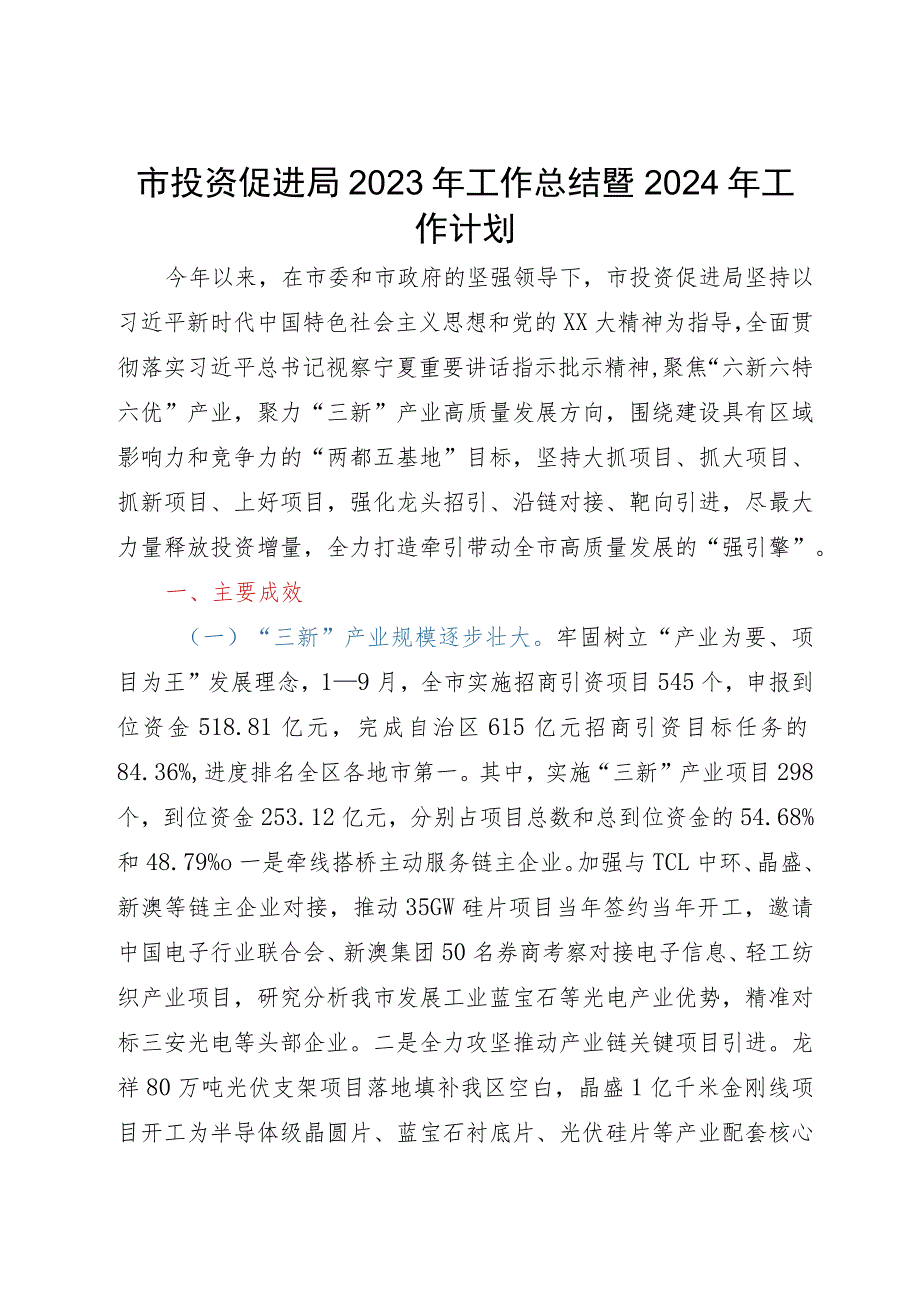 市投资促进局2023年工作总结暨2024年工作计划.docx_第1页