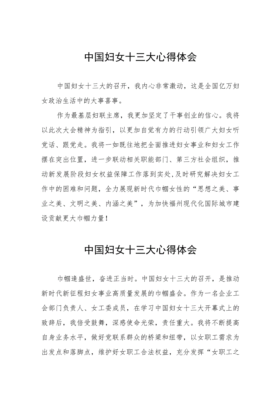 妇联主席学习中国妇女第十三次全国代表大会精神心得体会十篇.docx_第1页