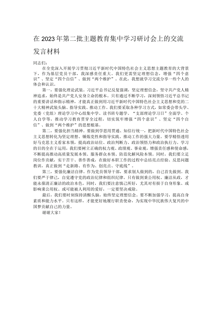 在2023年第二批主题教育集中学习研讨会上的交流发言材料.docx_第1页