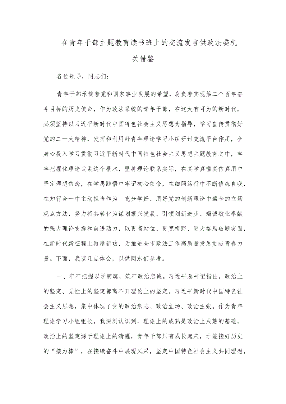 在青年干部主题教育读书班上的交流发言供政法委机关借鉴.docx_第1页