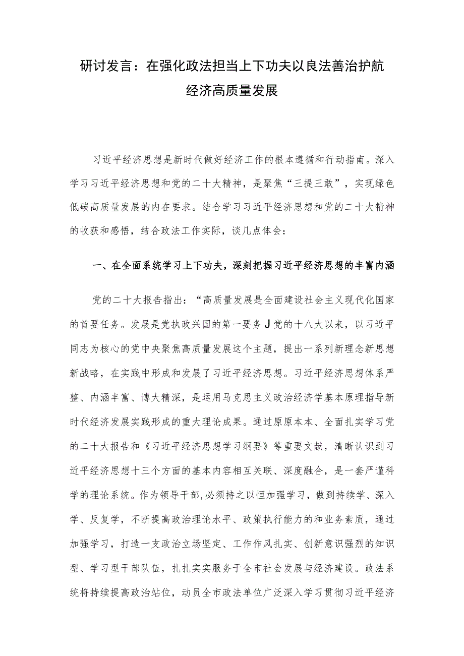 研讨发言：在强化政法担当上下功夫 以良法善治护航经济高质量发展.docx_第1页