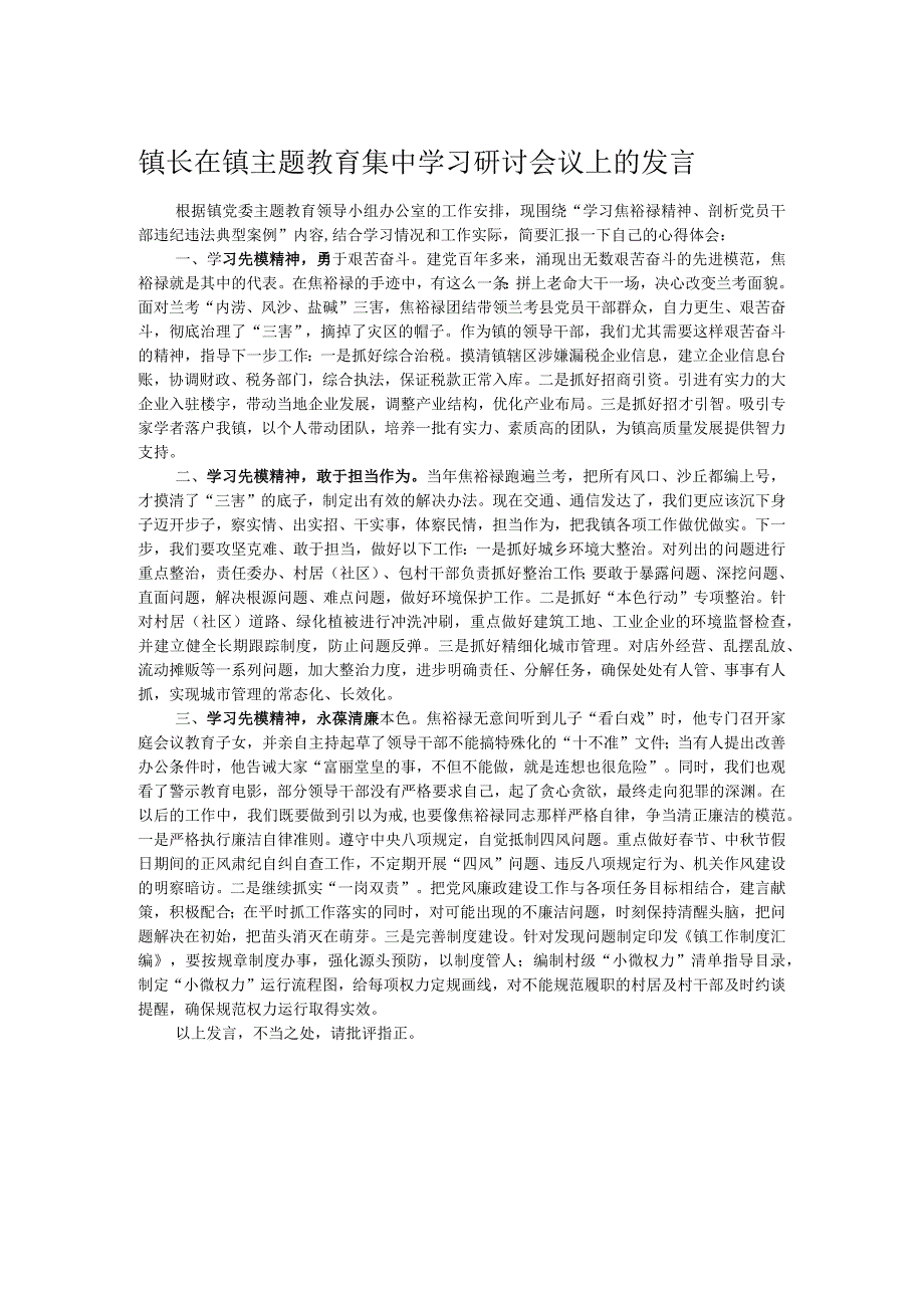 镇长在镇主题教育集中学习研讨会议上的发言.docx_第1页