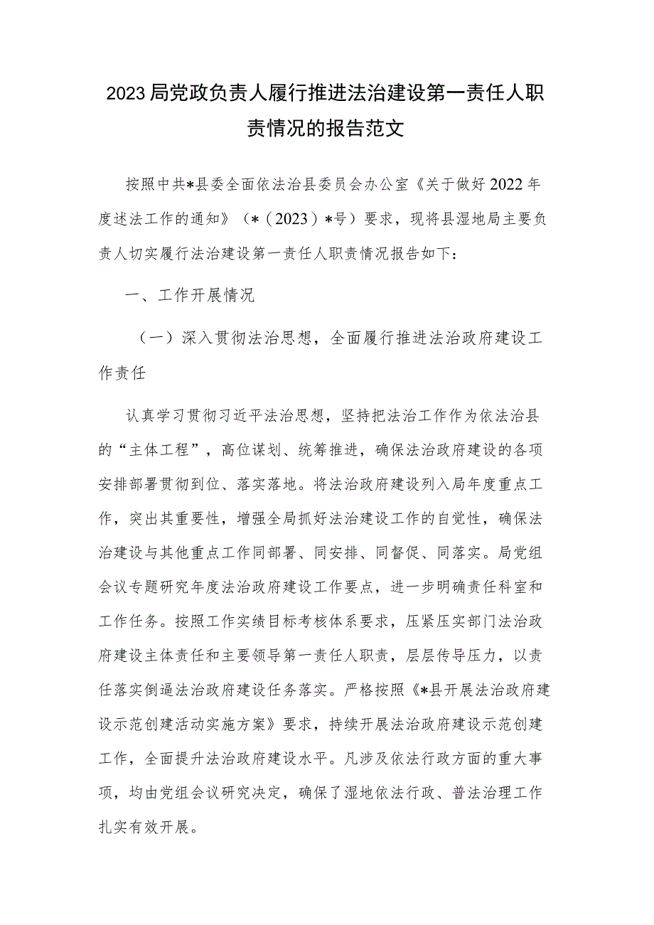 2023局党政负责人履行推进法治建设第一责任人职责情况的报告范文.docx_第1页