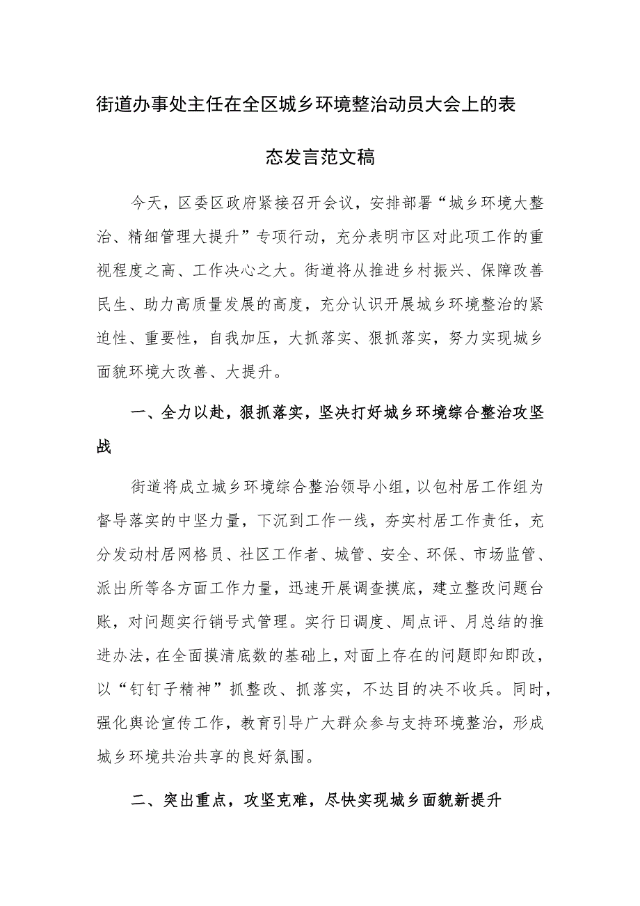 街道办事处主任在全区城乡环境整治动员大会上的表态发言范文稿.docx_第1页