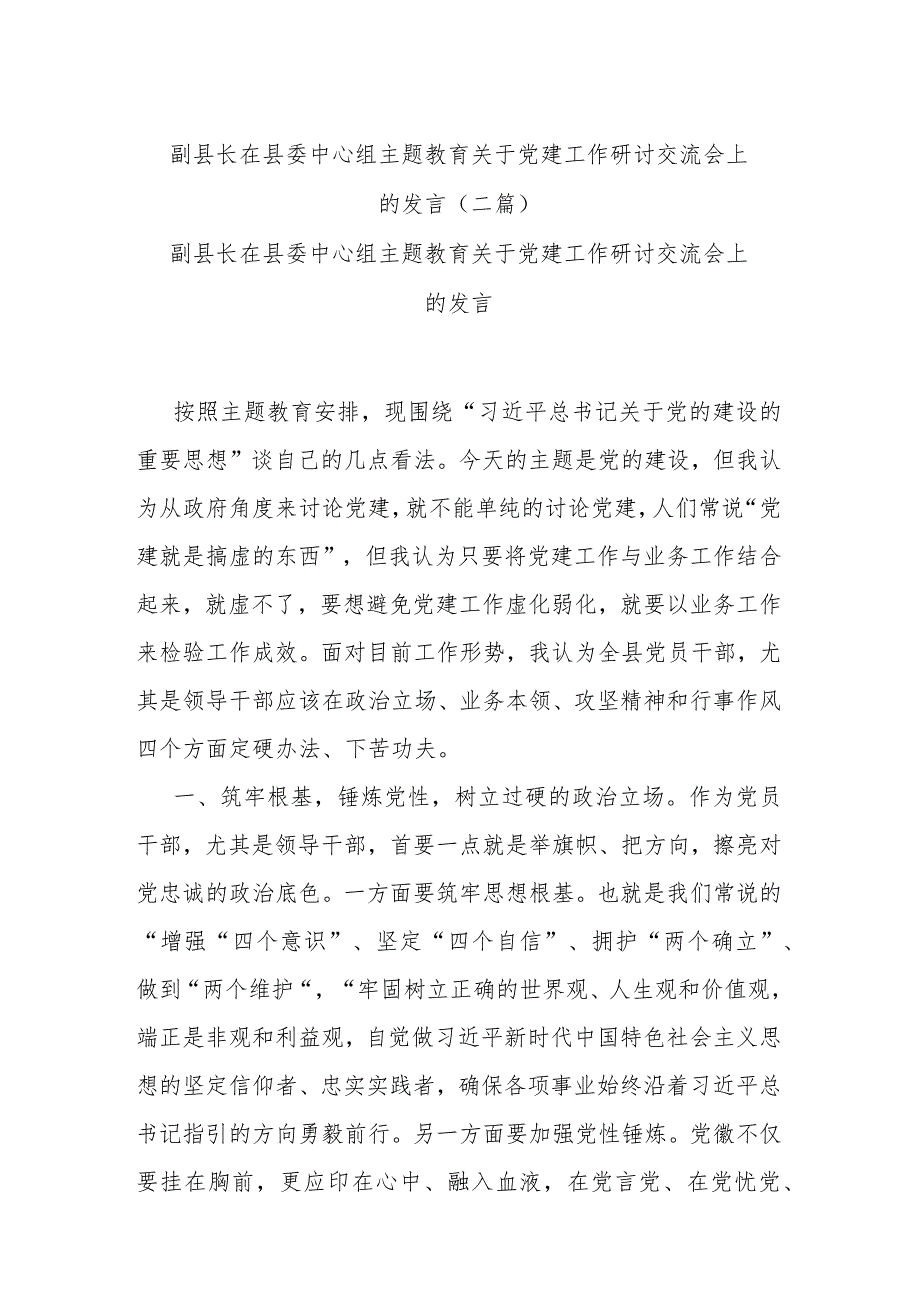 副县长在县委中心组主题教育关于党建工作研讨交流会上的发言(二篇).docx_第1页