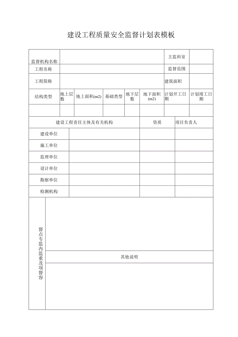 建设工程质量安全监督计划表模板.docx_第1页