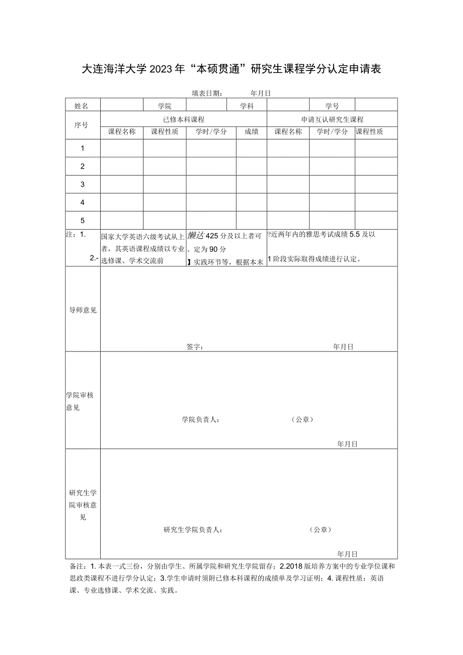 大连海洋大学2023年“本硕贯通”研究生课程学分认定申请表.docx_第1页