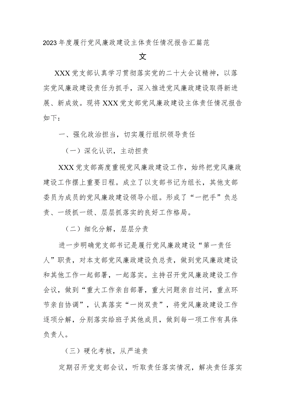 2023年度履行党风廉政建设主体责任情况报告汇篇范文.docx_第1页