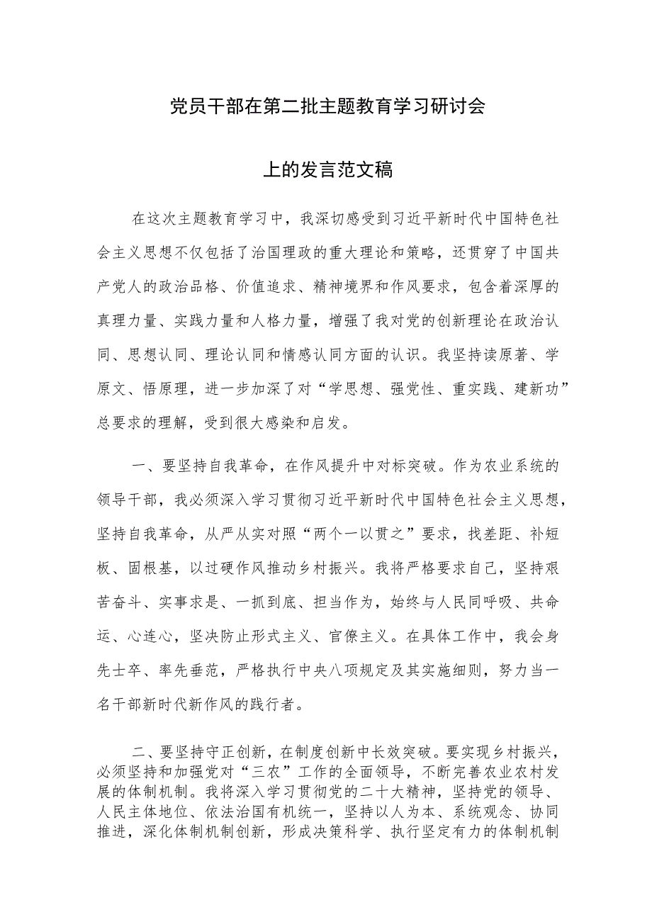 党员干部在第二批主题教育学习研讨会上的发言范文稿.docx_第1页