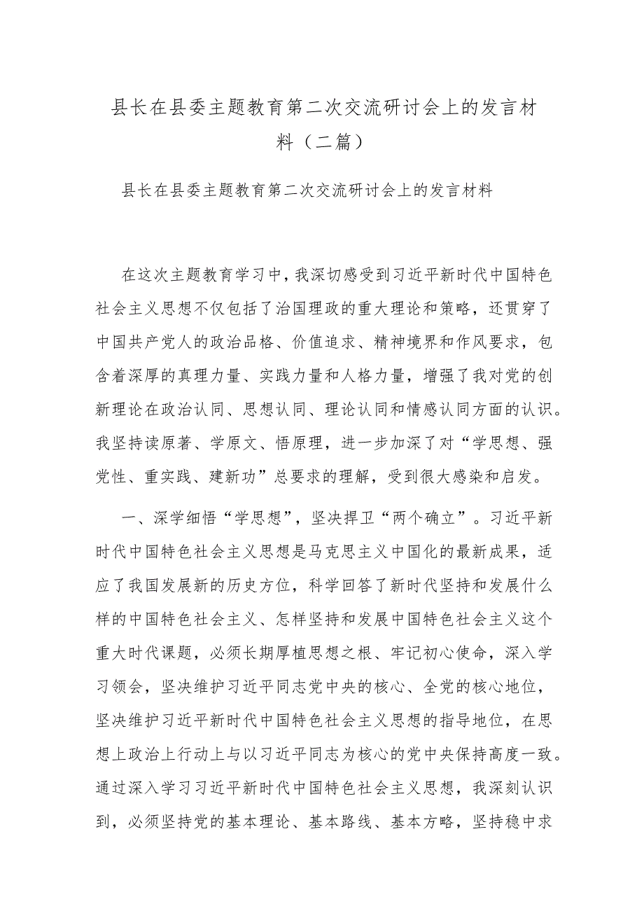 县长在县委主题教育第二次交流研讨会上的发言材料(二篇).docx_第1页