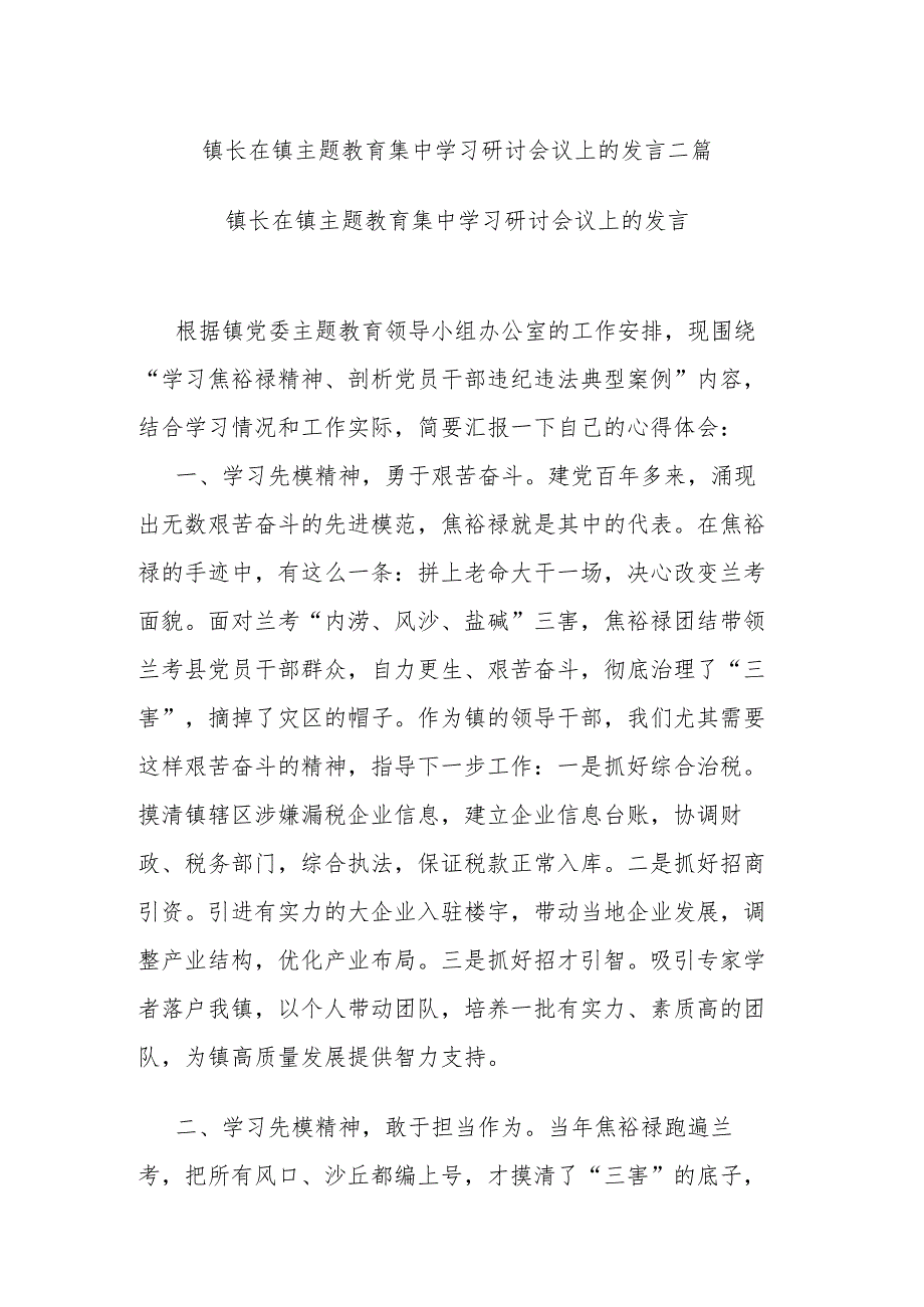 镇长在镇主题教育集中学习研讨会议上的发言二篇.docx_第1页