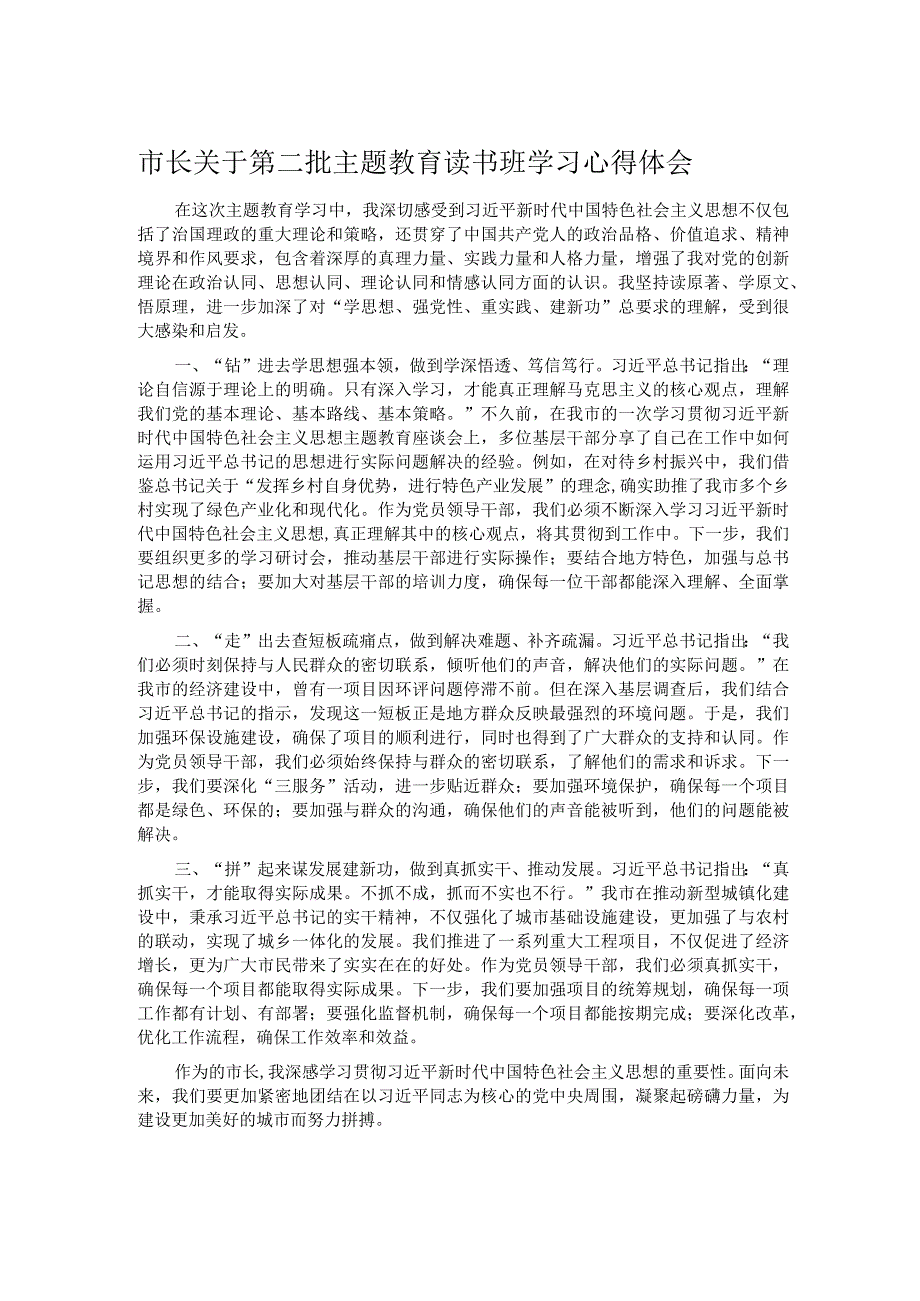 市长关于第二批主题教育读书班学习心得体会.docx_第1页