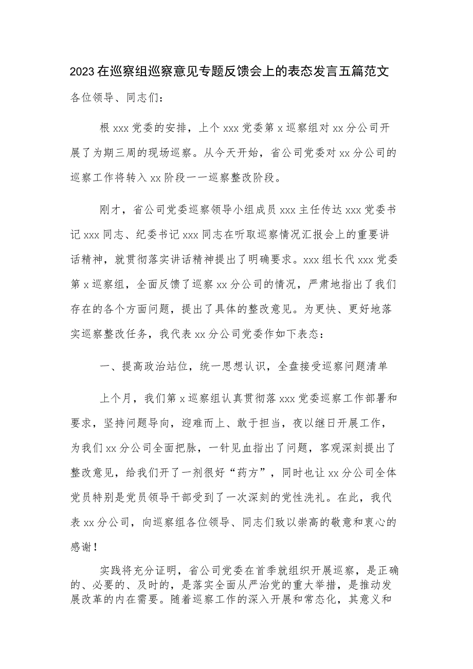 2023在巡察组巡察意见专题反馈会上的表态发言五篇范文.docx_第1页