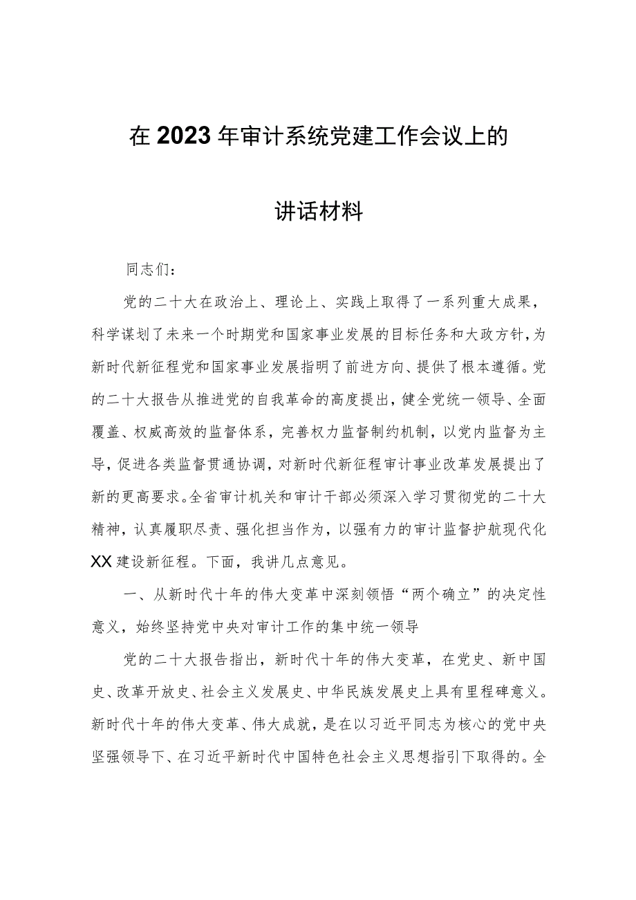 在2023年审计系统党建工作会议上的讲话材料.docx_第1页