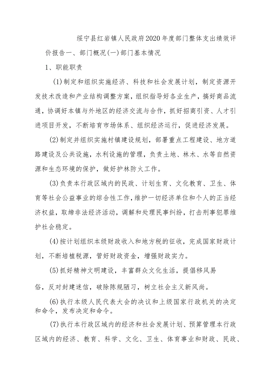 绥宁县红岩镇人民政府2020年度部门整体支出绩效评价报告.docx_第1页