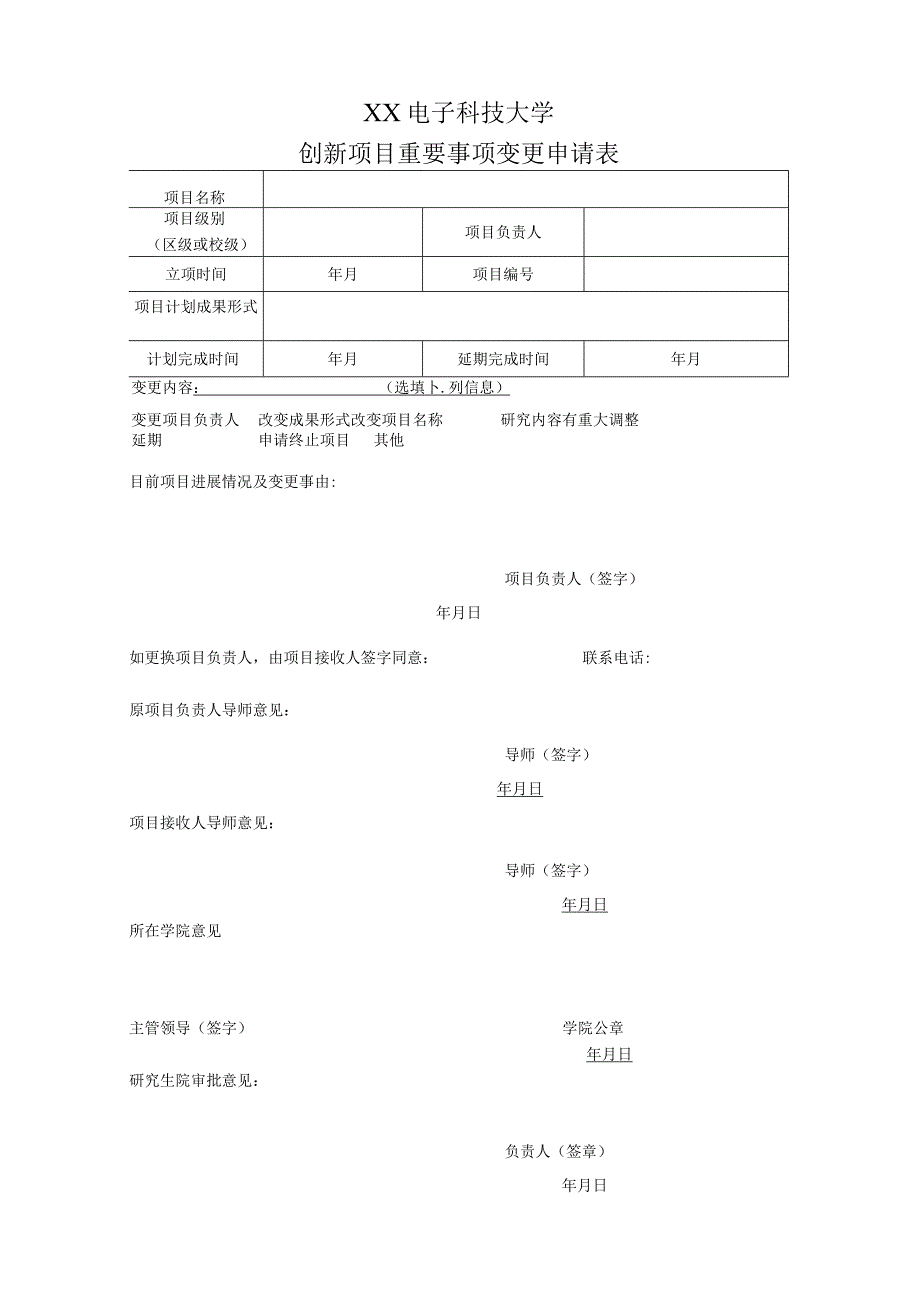 XX电子科技大学创新项目重要事项变更申请表.docx_第1页