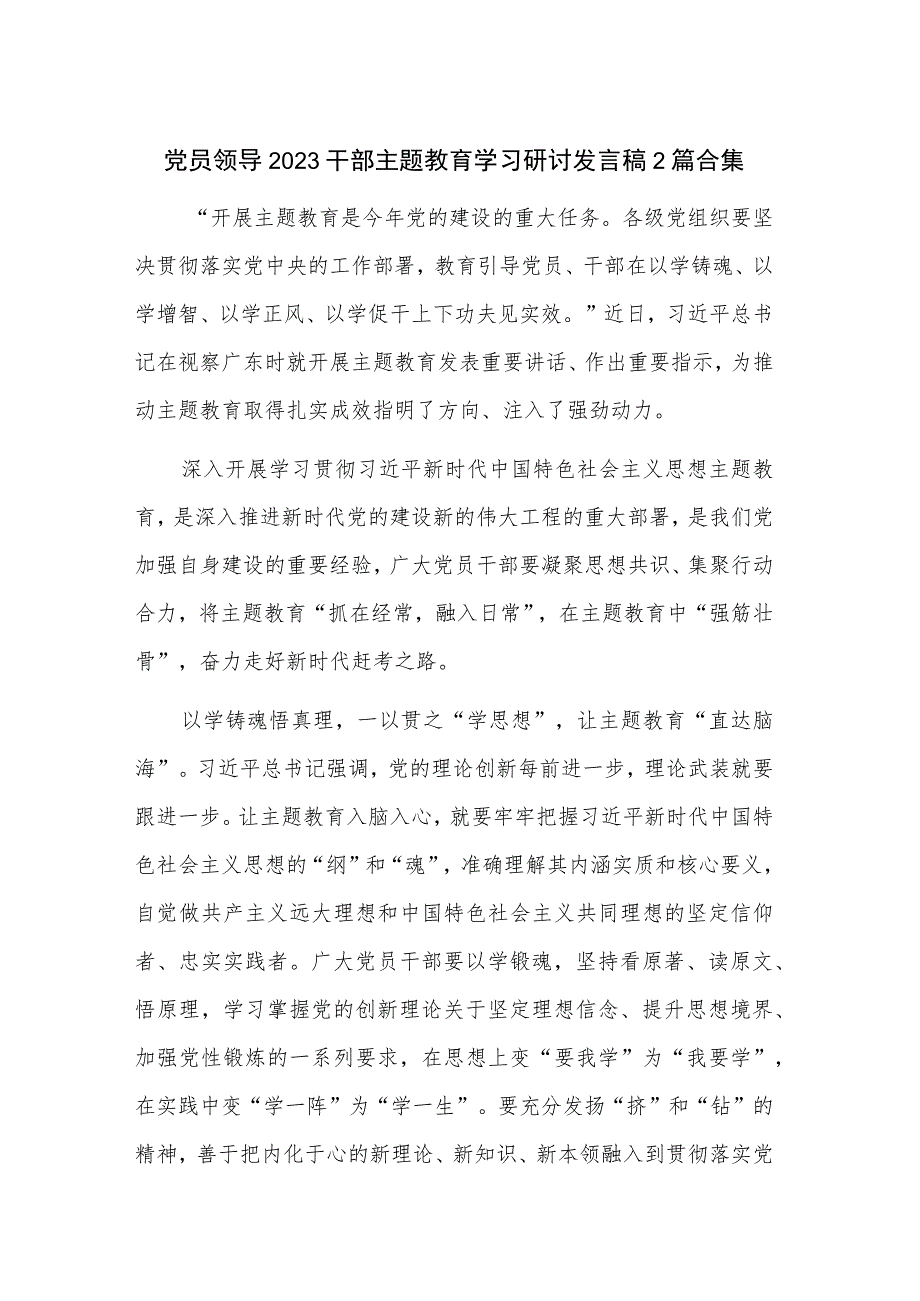 党员领导2023干部主题教育学习研讨发言稿2篇合集.docx_第1页