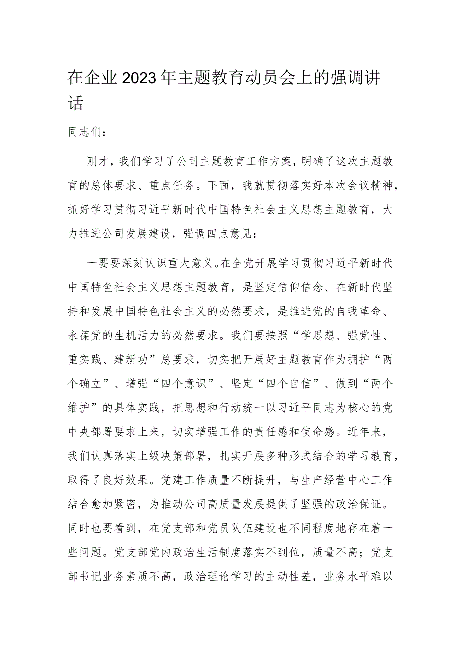 在企业2023年主题教育动员会上的强调讲话.docx_第1页