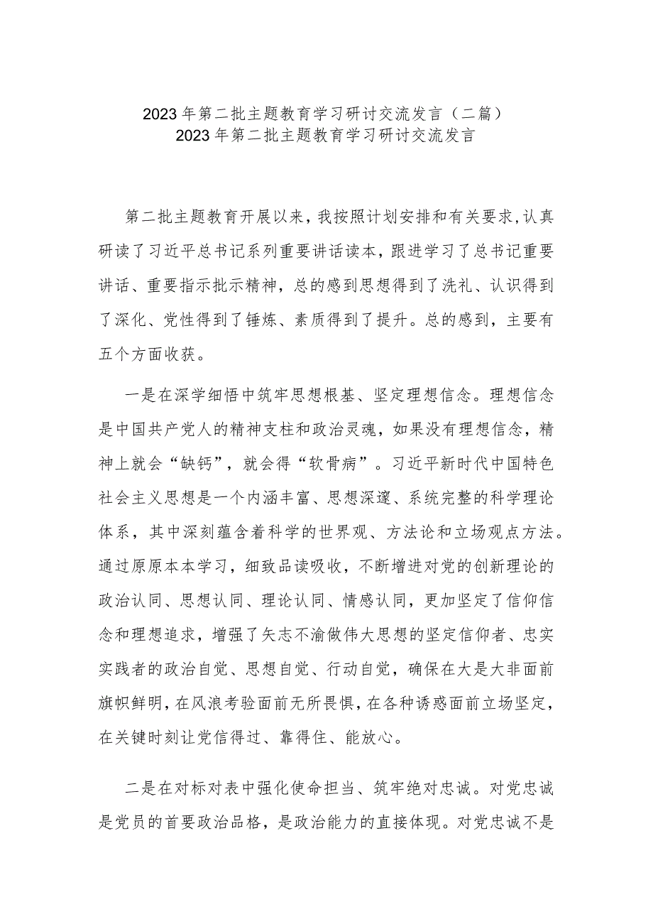 2023年第二批主题教育学习研讨交流发言(二篇).docx_第1页