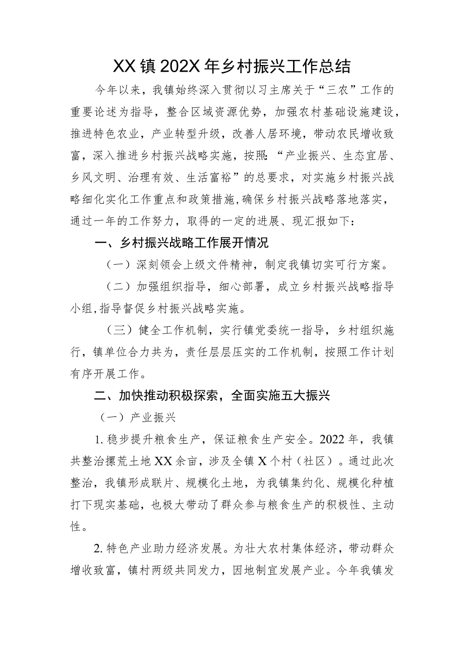 XX镇2022年乡村振兴工作总结.docx_第1页