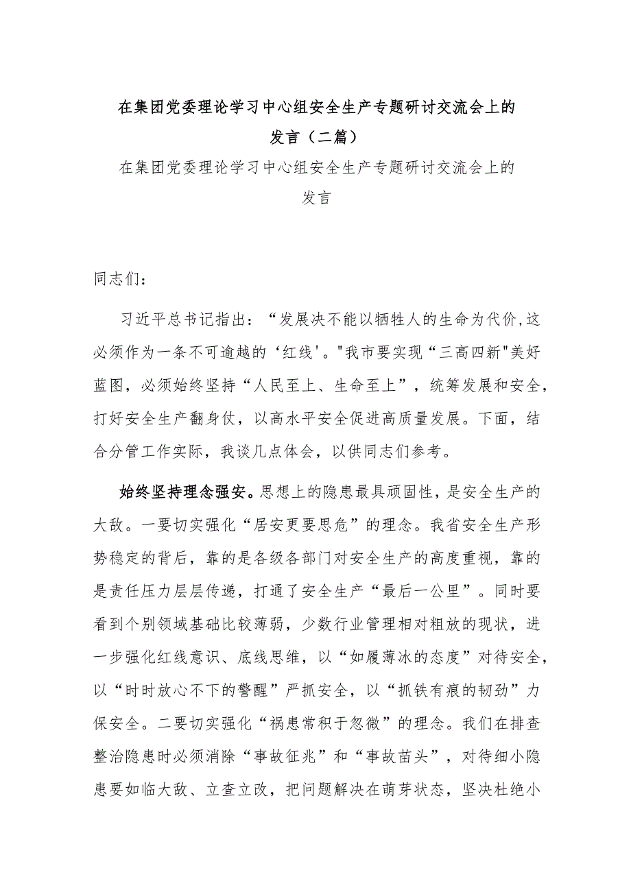 在集团党委理论学习中心组安全生产专题研讨交流会上的发言(二篇).docx_第1页