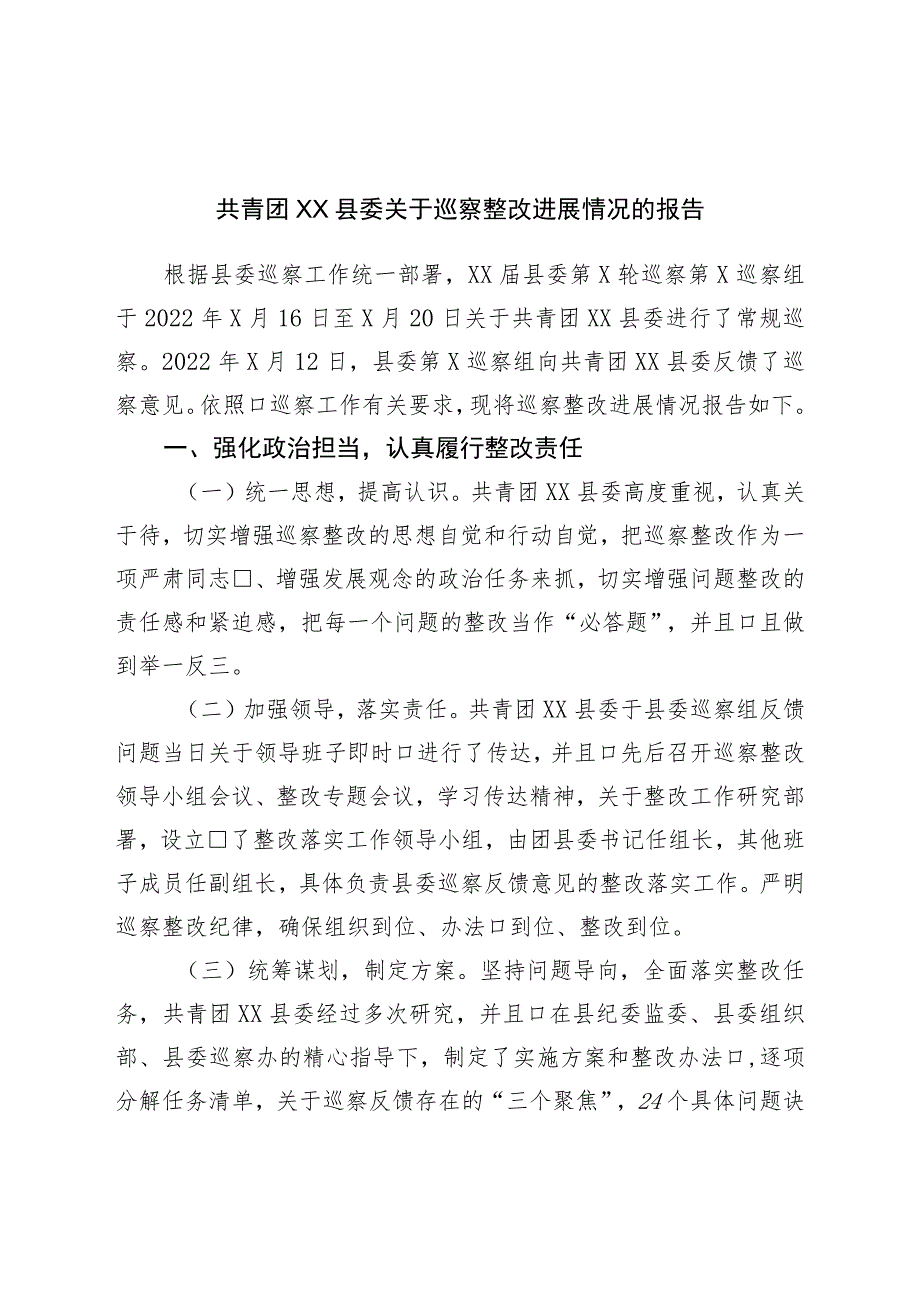 团委关于巡察整改进展情况的报告.docx_第1页