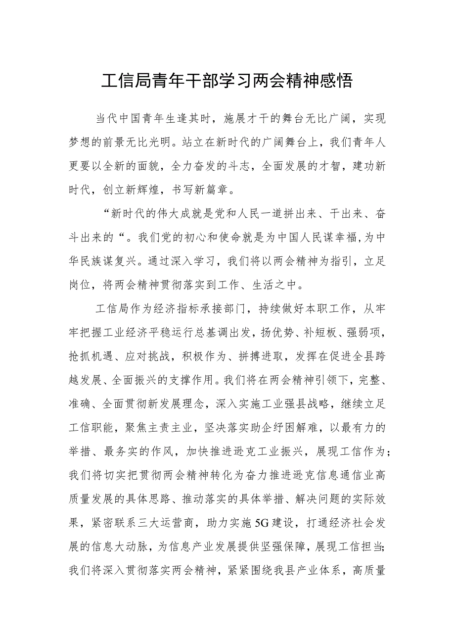 工信局青年干部学习两会精神感悟.docx_第1页