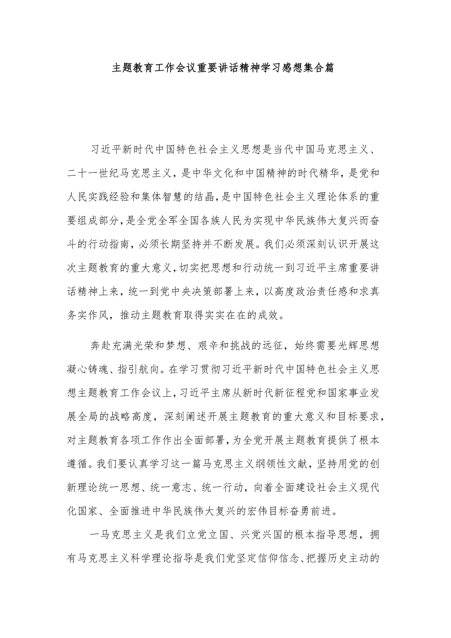 主题教育工作会议重要讲话精神学习感想集合篇.docx_第1页